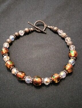 Vintage Murano Foil Glass Bead Toggle Bracelet — Venetian Gold Aventurine & Face